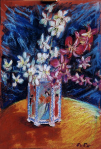 Orchids in Chinese vase Pastel 2000. Singapore
